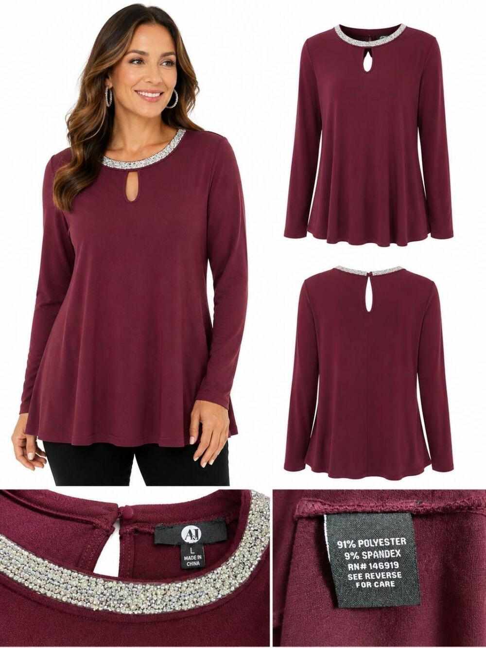 AJ Size L Burgundy Rhinestone Keyhole Swing Top